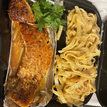 AJ’s Jazzy Grill - Blackened Salmon with seafood linguini.  Delicious - Seafood Near Me - New Orleans, Louisiana