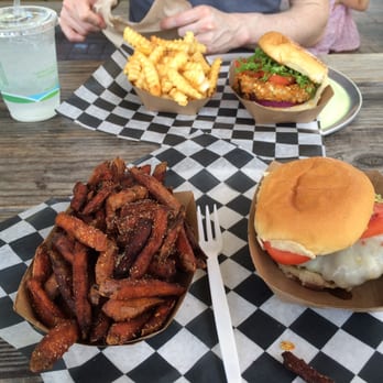 Al's Burger Shack - From top left, clockwise: fries, vegetarian burger, paco burger, sweet potato fries - Burgers Near Me - Chapel Hill, North Carolina