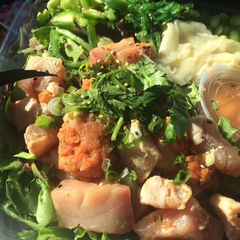 Poke n Salad - Half/half spicy ponzu dressing. Yellow Tail, Albacore and Spicy Tuna. - Poke Near Me - Temecula, California Poke n Salad - Half/half spicy ponzu dressing. Yellow Tail, Albacore and Spicy Tuna. - Poke Near Me - Temecula, California