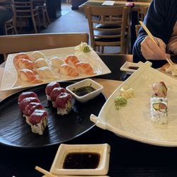 Momoya Japanese Restaurant - Nigiri salmon & Albacore Tuna, Blue Tuna roll special & a piece of Alaska roll & Piece of Rainbow roll.