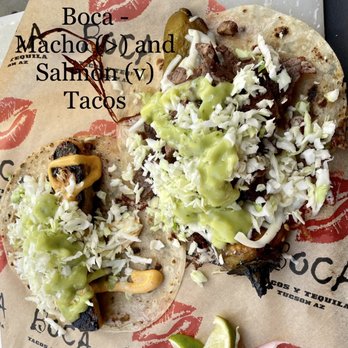 BOCA by Chef Maria Mazon - Boca Tacos Y Tequila - Macho Taco (r) and Salmon Taco (l). - Mexican Near Me - Tucson, Arizona BOCA by Chef Maria Mazon - Boca Tacos Y Tequila - Macho Taco (r) and Salmon Taco (l). - Mexican Near Me - Tucson, Arizona