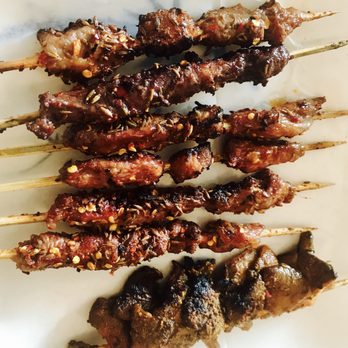 Xin Jiang BBQ - lamb, chicken gizzards, chicken hearts and mushrooms - Barbeque Near Me - Houston, Texas