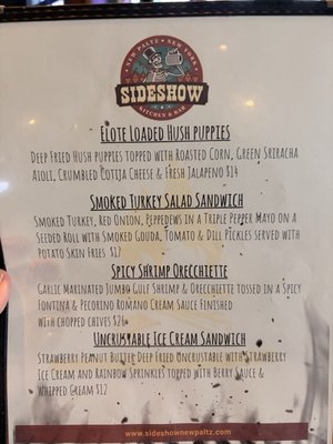 Menu photo 1 Sideshow New Paltz, NY Menu photo 1 Sideshow New Paltz, NY