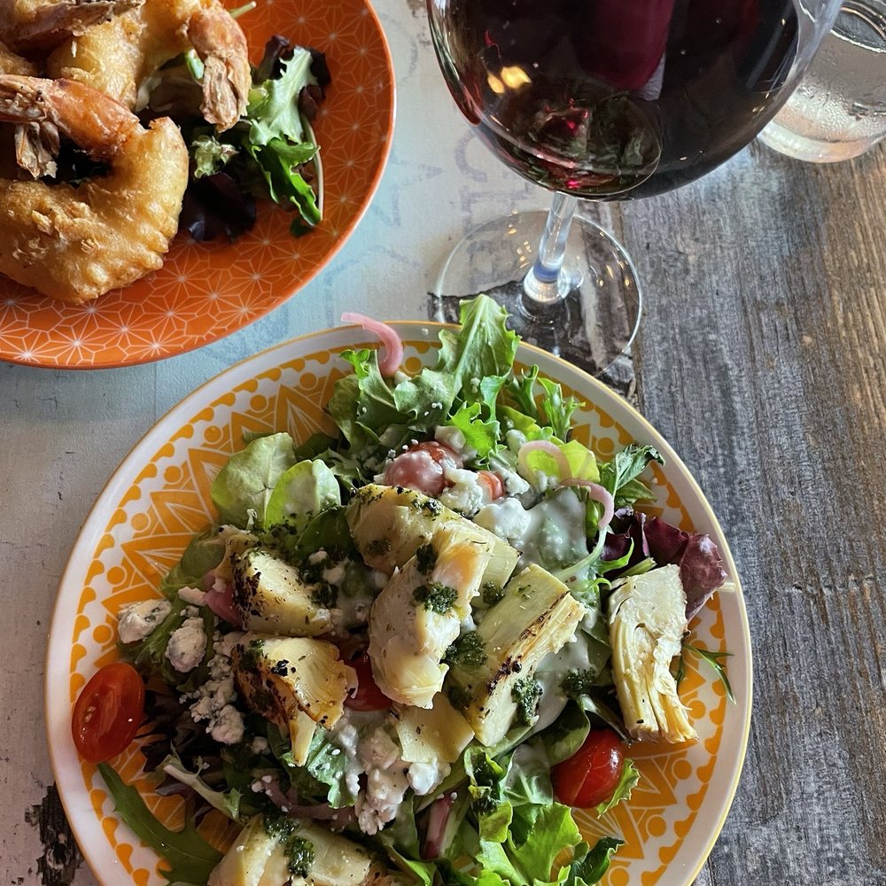 Flavour Kitchen & Wine Bar - Artichoke salad and shrimp fritters - Wine Bars Near Me - Cocoa Beach, Florida