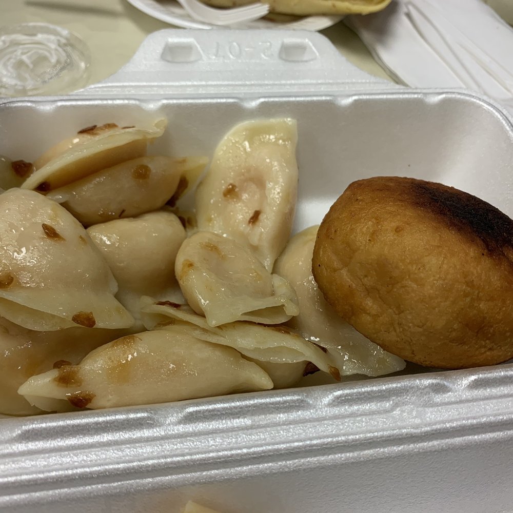 European Delight - Cheddar and potato pirogues and potato and meat knish on right - Delis Near Me - Toronto, Ontario