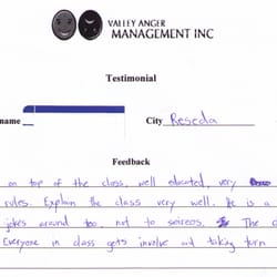 Valley Anger Management - Hand written testimonials