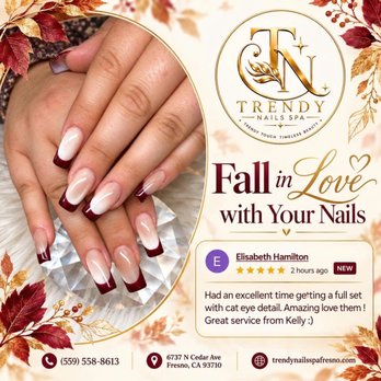 Trendy Nails Spa - Fall in love with your next set. Burgundy French tips + a soft cat-eye shimmer = your new fall obsession. - Nail Salons Near Me - Fresno, California Trendy Nails Spa - Fall in love with your next set. Burgundy French tips + a soft cat-eye shimmer = your new fall obsession. - Nail Salons Near Me - Fresno, California
