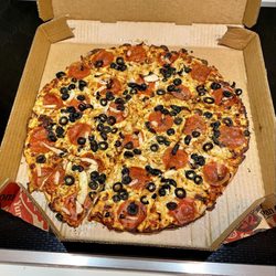 Pizza Hut - Large Tavern Style with Pepperoni, Onions and Olives and spicy marinara which actually kicks you in the throat!