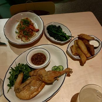 Super Peach - Lobster pasta, fried half chicken, sweet potato, and broccolini - Cocktail Bars Near Me - Los Angeles, California Super Peach - Lobster pasta, fried half chicken, sweet potato, and broccolini - Cocktail Bars Near Me - Los Angeles, California