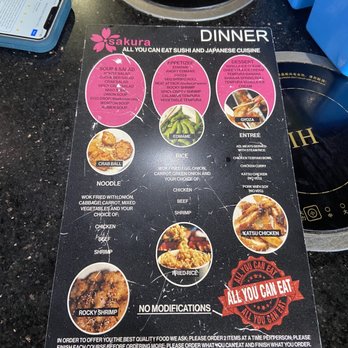 Sakura - Everything on the menu is included in the Al you can eat except for the two sections I crossed out. - Sushi Bars Near Me - San Marcos, Texas