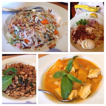 Royal Rangoon - From top left going clockwise:  rainbow salad, nan gyi dok, pumpkin salmon stew, and minted jalapeño chicken. - Asian Fusion Near Me - Berkeley, California
