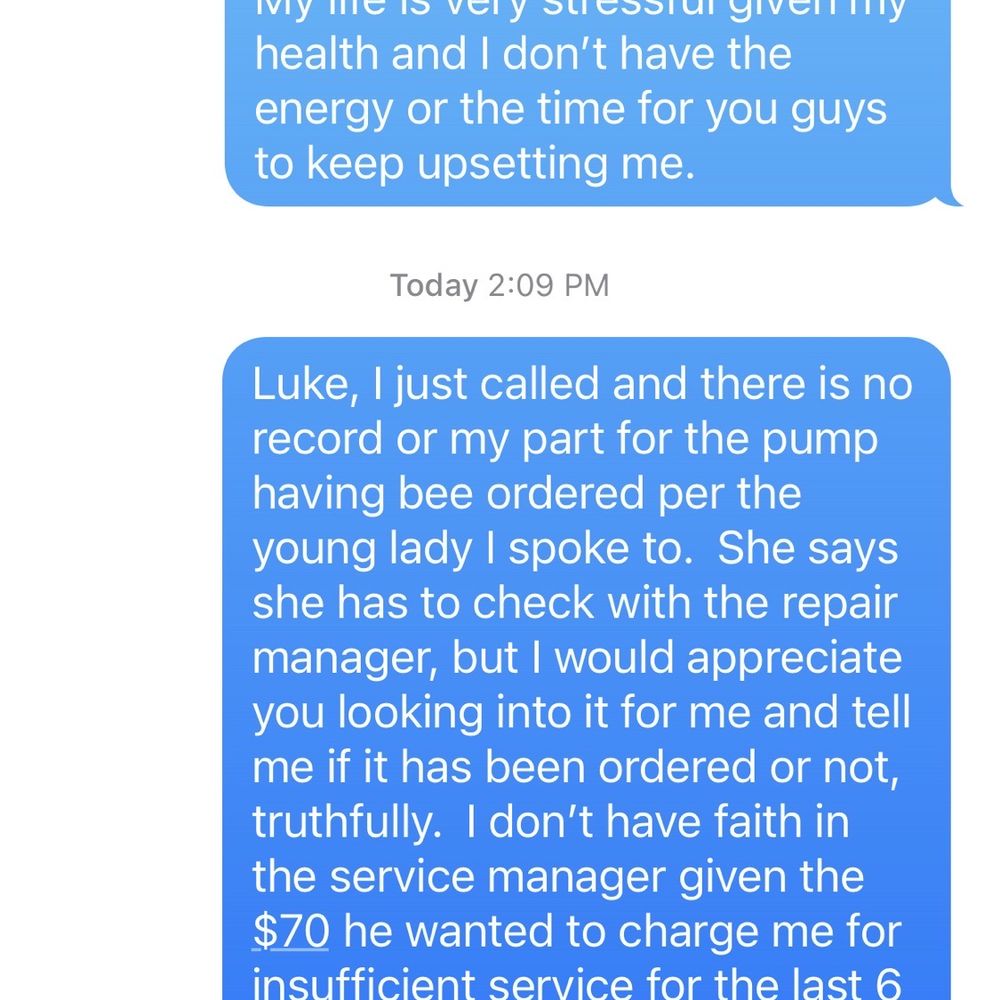THE POOL GUY - Texts with Luke the week of 5/11 in regards to my necessary pool pump part and the $70.00 backwash. - Pool Cleaners Near Me - College Station, Texas THE POOL GUY - Texts with Luke the week of 5/11 in regards to my necessary pool pump part and the $70.00 backwash. - Pool Cleaners Near Me - College Station, Texas