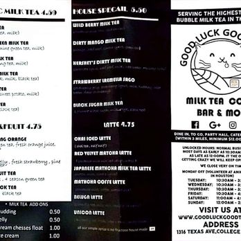 Good Luck Good Time Tea House - This is the front side of the menu. - Cafes Near Me - College Station, Texas Good Luck Good Time Tea House - This is the front side of the menu. - Cafes Near Me - College Station, Texas