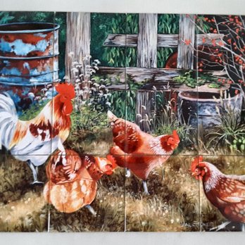 Tile Mural Store - Pickin chickens tile mural on 15.2cm tiles at £192 
www.tilemuralstore.co.uk 
#tilemurals #kitchentiles #rooster #farmhousedecor - Kitchen & Bath Near Me - Lowestoft, SFK
