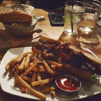 Keg & Kitchen - chicken pot pie top left and short rib sandwich and fries center - Bars Near Me - Haddon Township, New Jersey