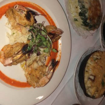 Rails Steakhouse - Crab Stuffed Shrimp in the front. Creamed spinach & Mac & cheese in the back. - Steakhouses Near Me - Towaco, New Jersey