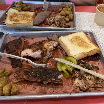 Sandfly BBQ - Hog Wild platter split up; sausage link, brisket, 1/4 chicken, pulled pork and ribs with two sides (fried okra and cup of Brunswick stew)! - Barbeque Near Me - Savannah, Georgia Sandfly BBQ - Hog Wild platter split up; sausage link, brisket, 1/4 chicken, pulled pork and ribs with two sides (fried okra and cup of Brunswick stew)! - Barbeque Near Me - Savannah, Georgia