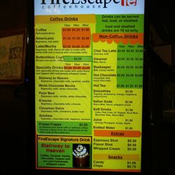 Fire Escape Coffee House - Coffee menu with prices