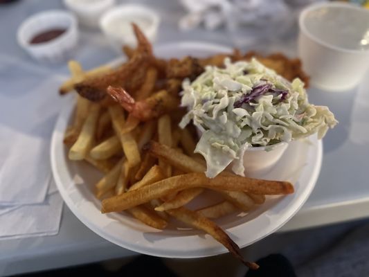 Photo of Harbor Fish & Chips - Oceanside, CA, US. Sampler - Fried fish, shrimp, fries, cole slaw - huge portion