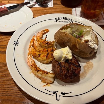 Saltgrass Steak House - Steak and grilled shrimp. My steak cooked rare was perfectly cooked. - Steakhouses Near Me - Irving, Texas Saltgrass Steak House - Steak and grilled shrimp. My steak cooked rare was perfectly cooked. - Steakhouses Near Me - Irving, Texas