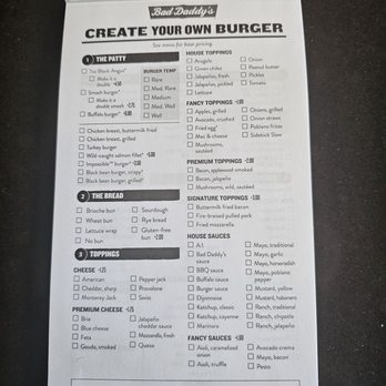 Bad Daddy's Burger Bar - Make your own burger sheet - Burgers Near Me - Smyrna, Georgia