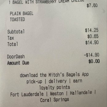 Mitch's Downtown - Reciept - Bagels Near Me - Hallandale Beach, Florida Mitch's Downtown - Reciept - Bagels Near Me - Hallandale Beach, Florida