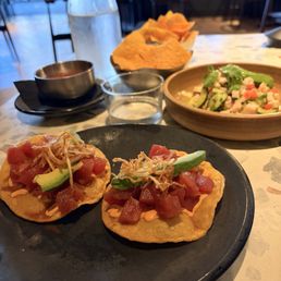 Tuna tostadas. Tuna was delicious with a lightly sweet taste, had chipotle sauce.