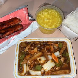 BBQ ribs, shrimp in garlic sauce, white rice and egg drop soup BBQ ribs, shrimp in garlic sauce, white rice and egg drop soup
