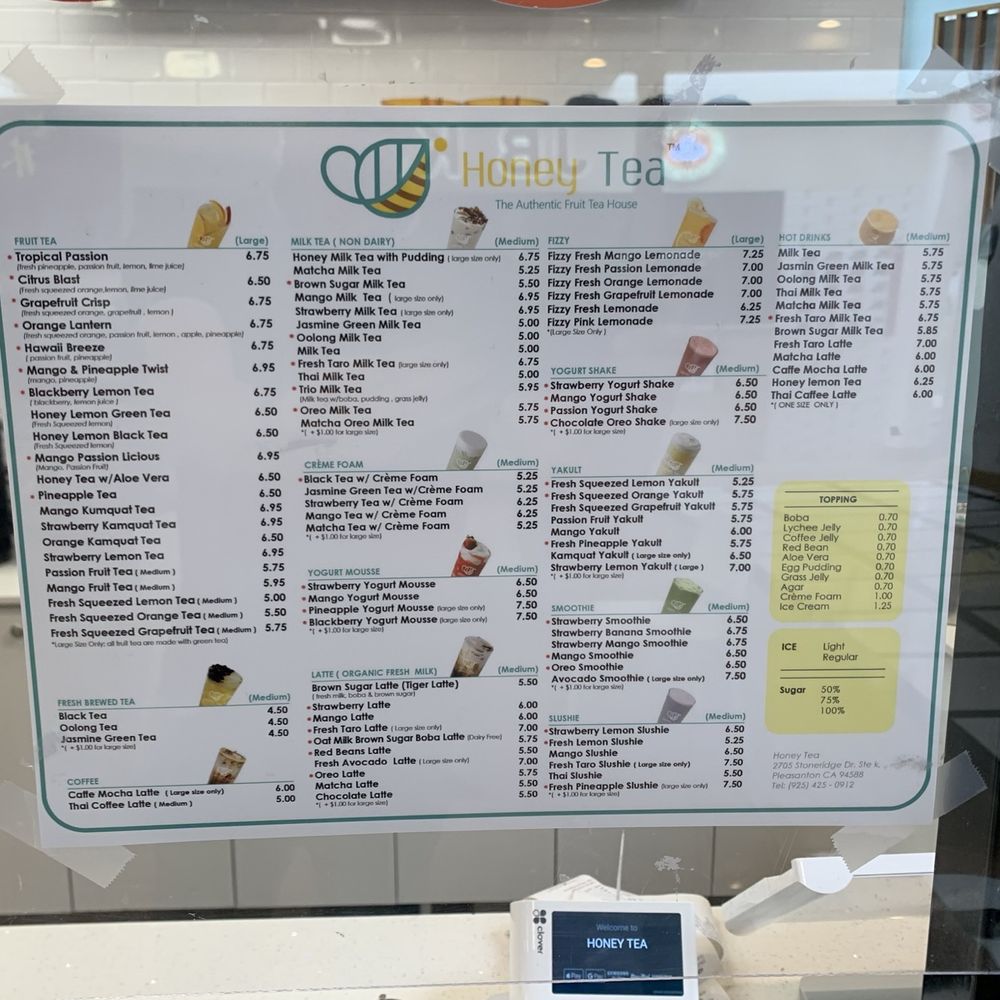 Honey Tea - Menu - June 2024 - Coffee & Tea Near Me - Pleasanton, California