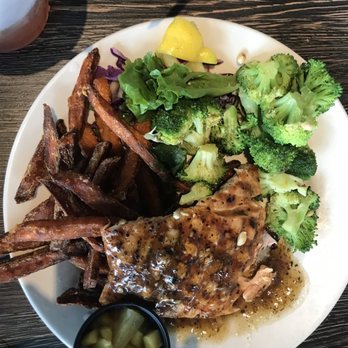 Beaches at Vilano - Spiced Honey Glazed Salmon with steamed Broccoli and Sweet Potato Fries - Seafood Near Me - St. Augustine, Florida Beaches at Vilano - Spiced Honey Glazed Salmon with steamed Broccoli and Sweet Potato Fries - Seafood Near Me - St. Augustine, Florida