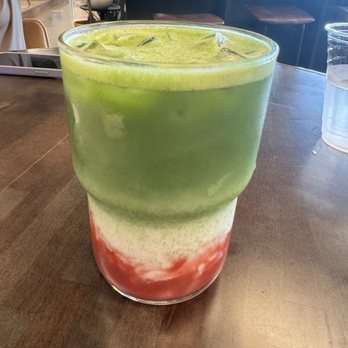 Buzz & Bustle - The rhuby: matcha with strawberry hibiscus and rhubarb sauce. Not very sweet! - Coffee & Tea Near Me - Dallas, Texas Buzz & Bustle - The rhuby: matcha with strawberry hibiscus and rhubarb sauce. Not very sweet! - Coffee & Tea Near Me - Dallas, Texas