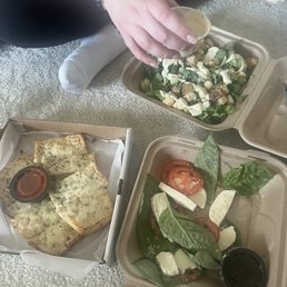 caprese salad, garlic bread, caesar salad caprese salad, garlic bread, caesar salad