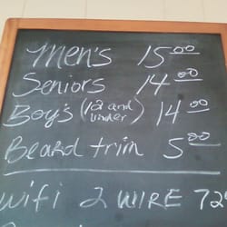 Our prices: Men's $15.00, Seniors $14.00, Boys (under 12 years) $14.00, Beard Trim $5.00