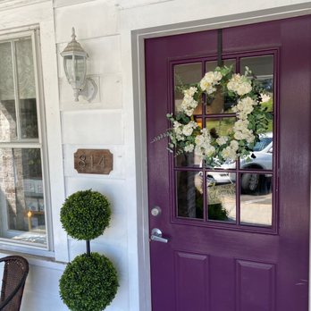 Tea by Two - a purple front door with a wreath - Desserts Near Me - Bel Air, Maryland