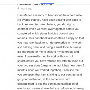 Invictus Fitness - Nicole's second response to my Google review. - Trainers Near Me - Austin, Texas