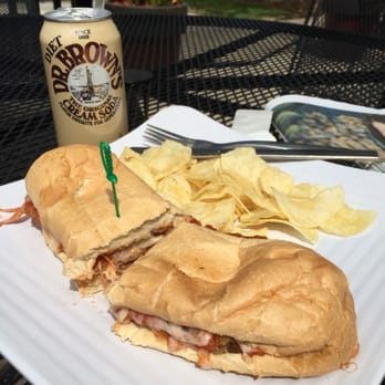 Siena's - Eggplant parm sub with chips and a cold Dr. Brown's Diet Cream Soda. Hot, fresh, tasty and really nice to eat outside. - Pizza Near Me - Rockville, Maryland
