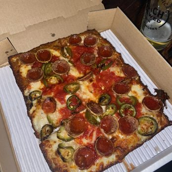 Emmy Squared Pizza - The Colony (pepperoni, pickled jalapeños, + honey) - Pizza Near Me - Santa Monica, California Emmy Squared Pizza - The Colony (pepperoni, pickled jalapeños, + honey) - Pizza Near Me - Santa Monica, California