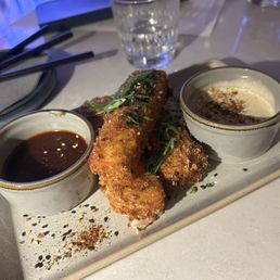Mozzarella sticks: long rectangles covered in a panko potato mix. Crunchy and gooey. Paired with ranch and guachong sauce. 4 stars Mozzarella sticks: long rectangles covered in a panko potato mix. Crunchy and gooey. Paired with ranch and guachong sauce. 4 stars