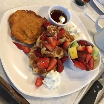 Over the Falls - Mini waffles with strawberries and chicken - Burgers Near Me - Wake Forest, North Carolina