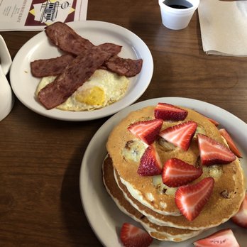 Simos Diner - Got the pancake combo added bananas and strawberry's with turkey bacon - Diners Near Me - Houston, Texas Simos Diner - Got the pancake combo added bananas and strawberry's with turkey bacon - Diners Near Me - Houston, Texas