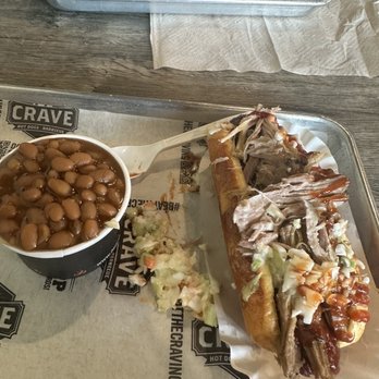 Crave Hot Dogs & BBQ - Brisket hot dog and Baked Beans - Barbeque Near Me - Concord, North Carolina Crave Hot Dogs & BBQ - Brisket hot dog and Baked Beans - Barbeque Near Me - Concord, North Carolina