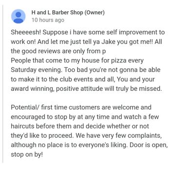 H and L barber shop - Barber's Google Response to my review - Barbers Near Me - Johnson City, Tennessee