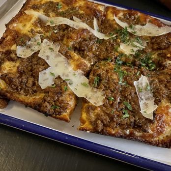Marble + Rye - Bolognese pizza - OMG so, so delicious! The meat sauce topping complimented the crunchy, cheesy crust perfectly! - Cocktail Bars Near Me - Buffalo, New York Marble + Rye - Bolognese pizza - OMG so, so delicious! The meat sauce topping complimented the crunchy, cheesy crust perfectly! - Cocktail Bars Near Me - Buffalo, New York
