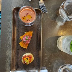 Café Paradiso - First course, strawberry gazpacho, the beet on cracker very yummy, and the last one was good.