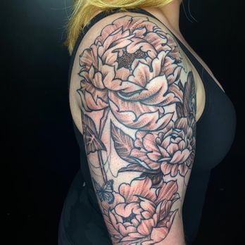 Good Mojo Tattoos - Free-hand peony shoulder cap done by Bri - Tattoo Near Me - Beverly, Massachusetts