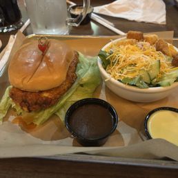 Crispy chicken sandwich with Asian hot honey sauce and side salad. Fantastic! Crispy chicken sandwich with Asian hot honey sauce and side salad. Fantastic!