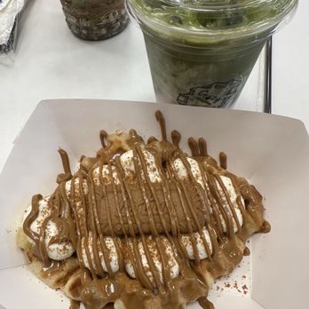 Crazy Croffles - Biscoff and iced matcha latte - Desserts Near Me - Salt Lake City, Utah