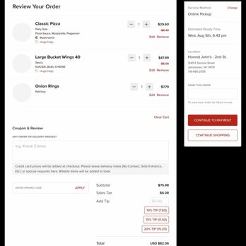 Honest John's Pizzeria - This shows the huge hojo deal without the 10% discount. Which shows it's more than the basic deal even with the discount. - Pizza Near Me - Jamestown, New York Honest John's Pizzeria - This shows the huge hojo deal without the 10% discount. Which shows it's more than the basic deal even with the discount. - Pizza Near Me - Jamestown, New York