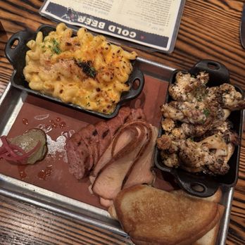 Char Bar - Pick Two Tray: sausage and turkey with Mac and cheese and cauliflower - Southern Near Me - Kansas City, Missouri Char Bar - Pick Two Tray: sausage and turkey with Mac and cheese and cauliflower - Southern Near Me - Kansas City, Missouri