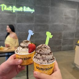 Banana soft serve (left), cookies and cream soft serve (right) Banana soft serve (left), cookies and cream soft serve (right)